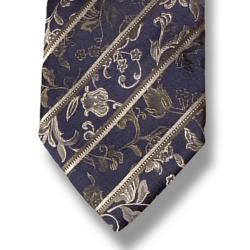 Vintage Tino Cosma Floral Tie Mens Navy Silver Tan Iridescent 100% Silk Long